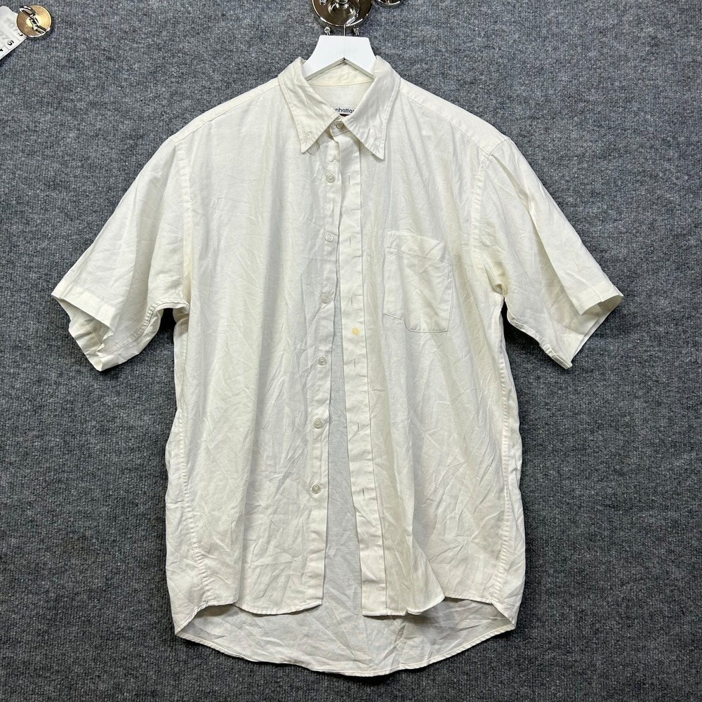 Vintage Manhattan Shirt Men's White Pocket Single Stitch Short Sleeve Button Up